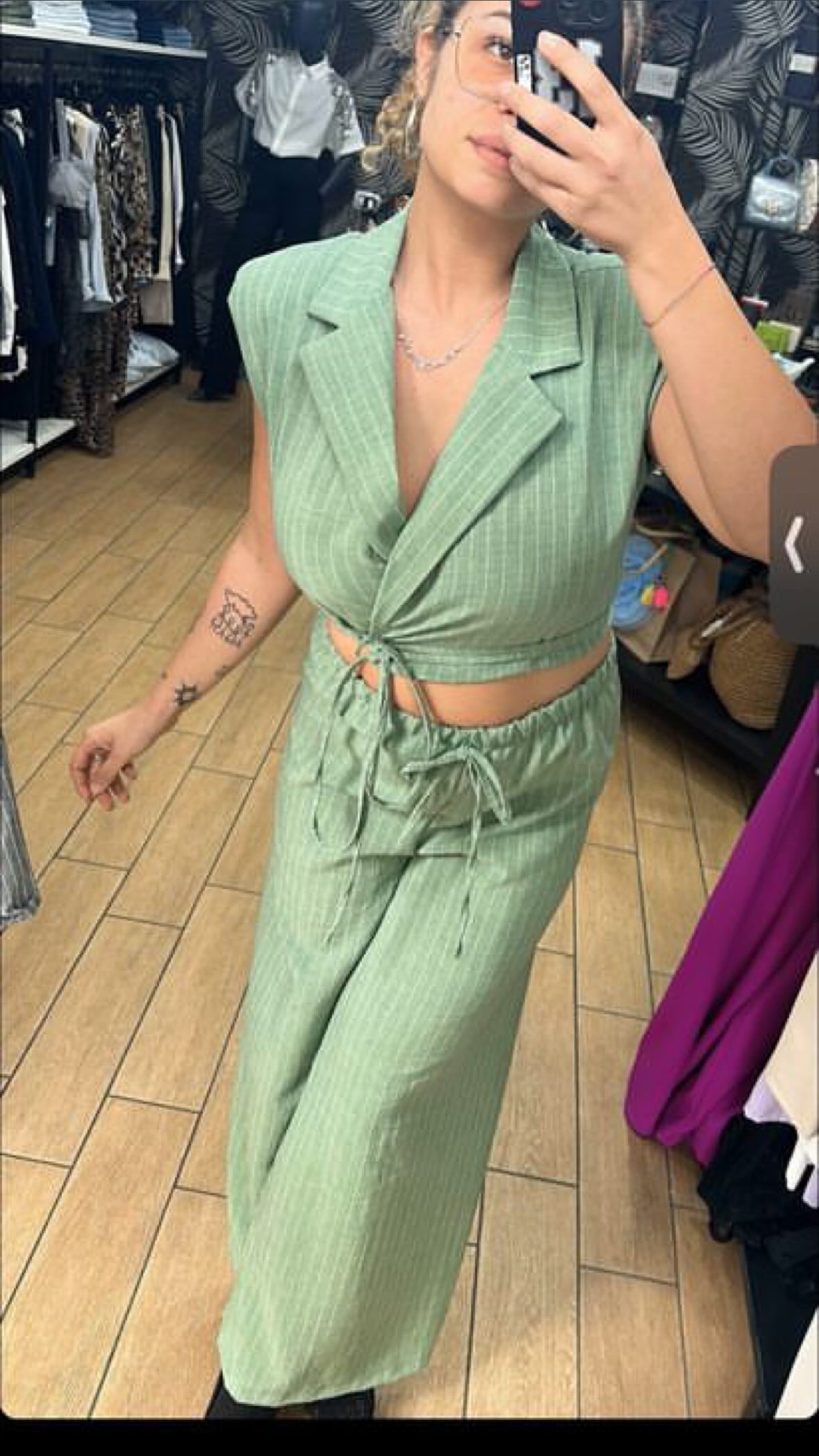TAILLEUR CROP - GESSATO - MIX LINO - VERDE MENTA