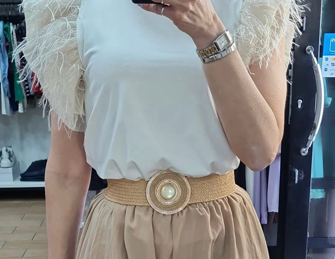 MAGLIA - COTONE - MANICA A FARFALLA CON PIUME - BIANCA