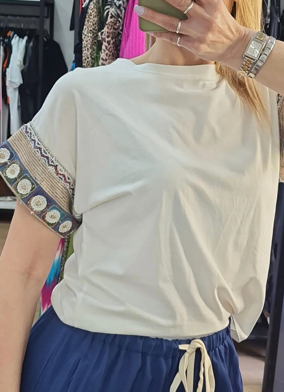 SHIRT - COTONE - BIANCA - MANICA DECORATA