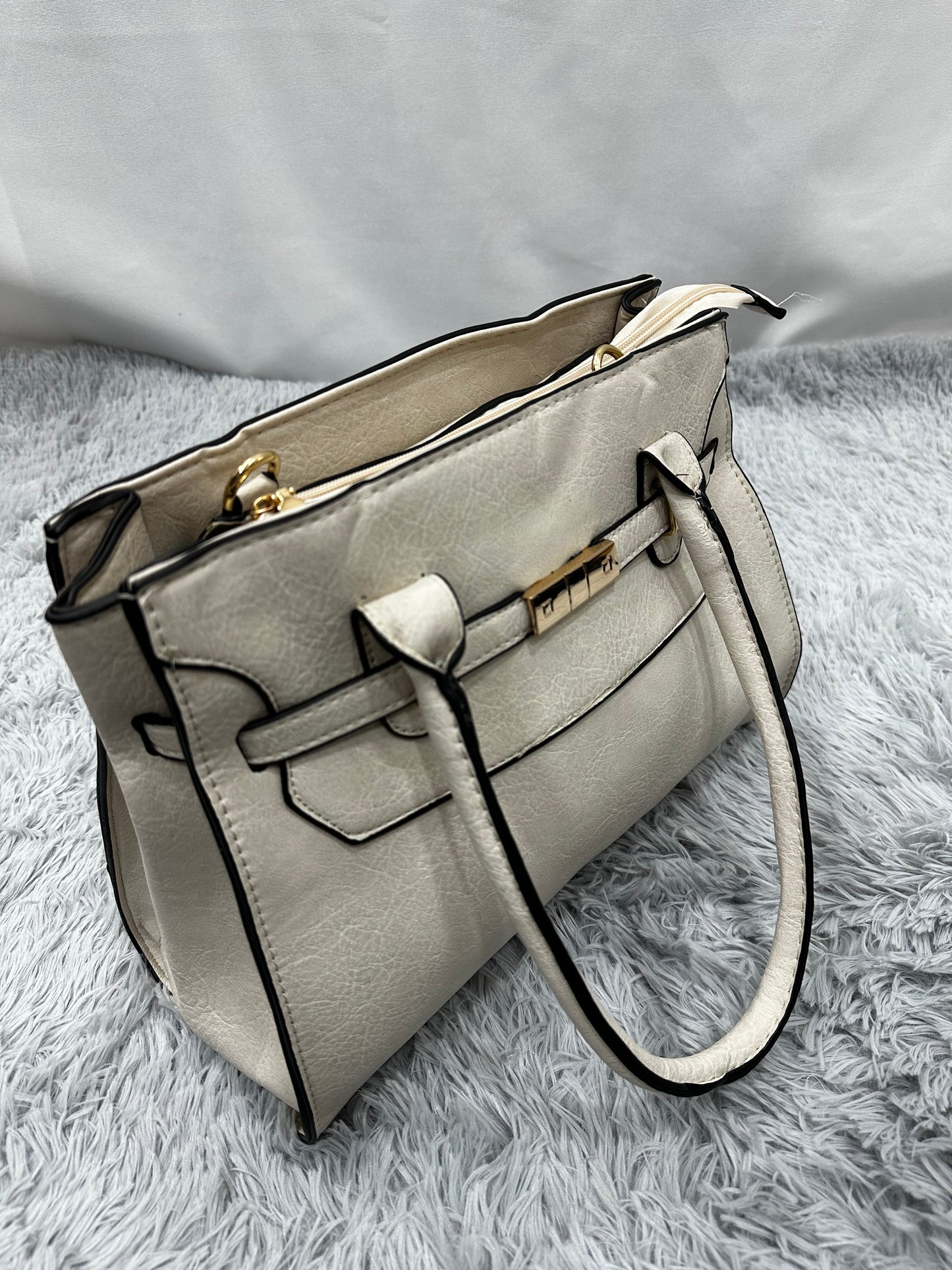 SHOPPER BAG in PELLE - BIANCO PANNA CON BORDI NERI