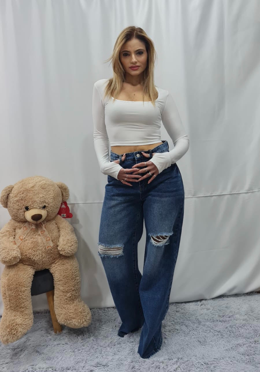 JEANS BAGGY in DENIM SCURO con STRAPPI