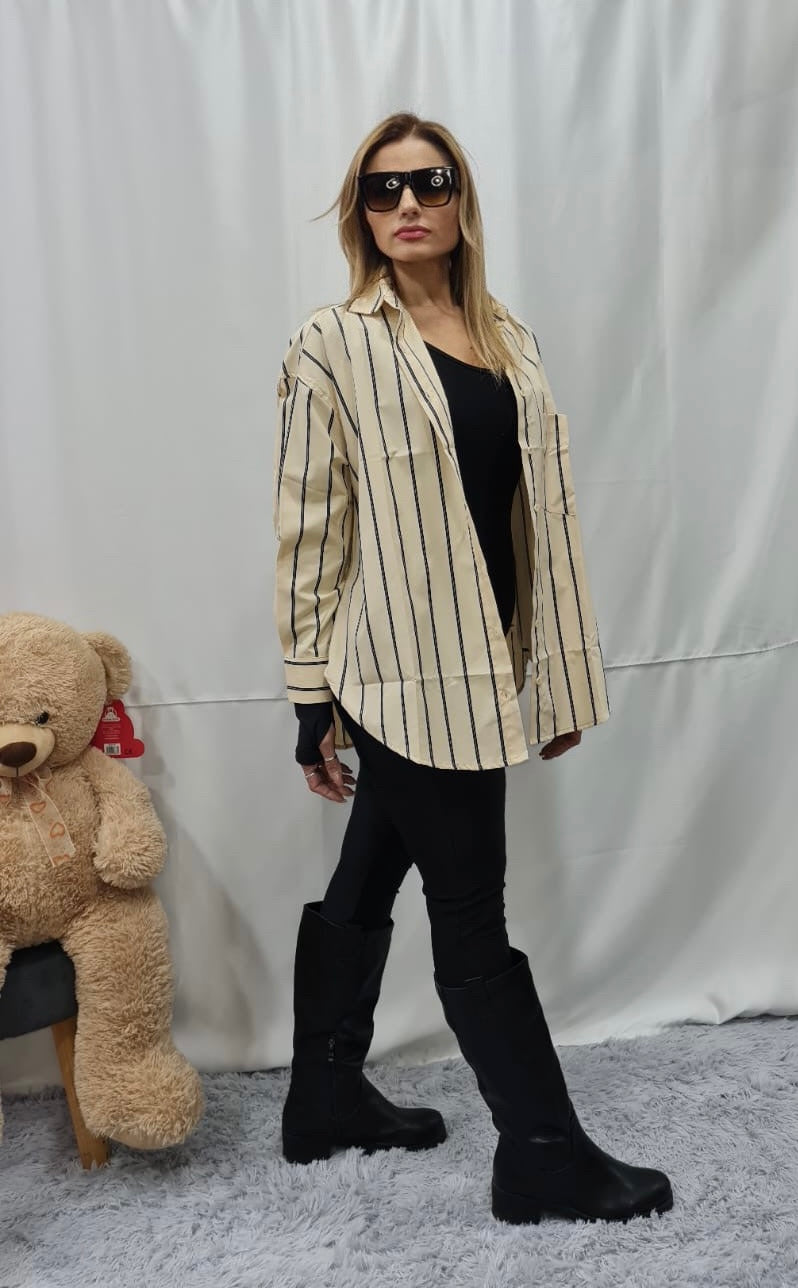CAMICIONE A RIGHE in COTONE - BEIGE