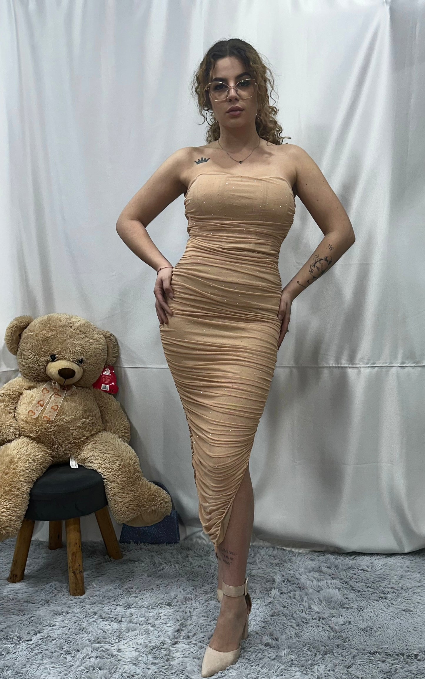 ABITO in CHIFFON DRAPPEGGIATO con SWAROVSKI- ROSA CIPRIA