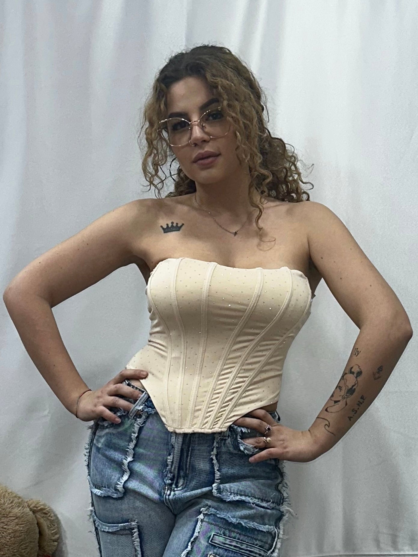 TOP CORSETTO con SCOLLO A CUORE e BRILLANTINI - CHAMPAGNE