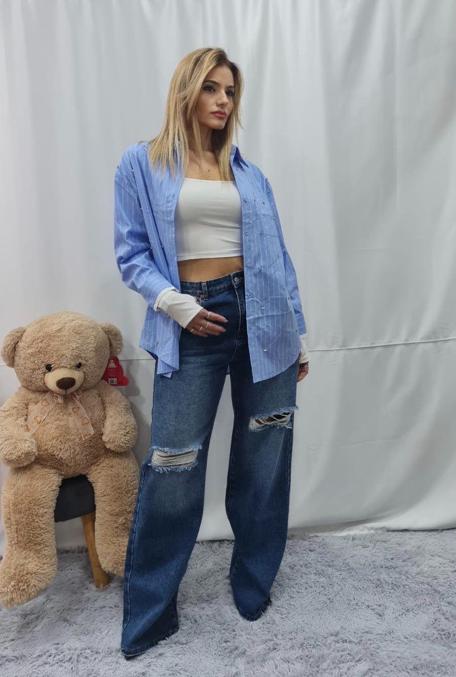 JEANS BAGGY in DENIM SCURO con STRAPPI