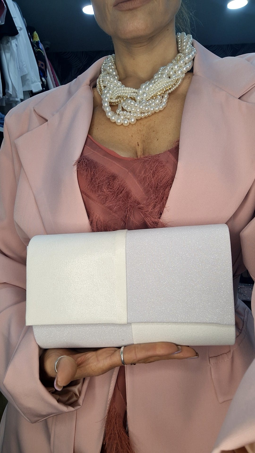 POCHETTE - A QUADRI - LAMINATA - BIANCO SU BIANCO