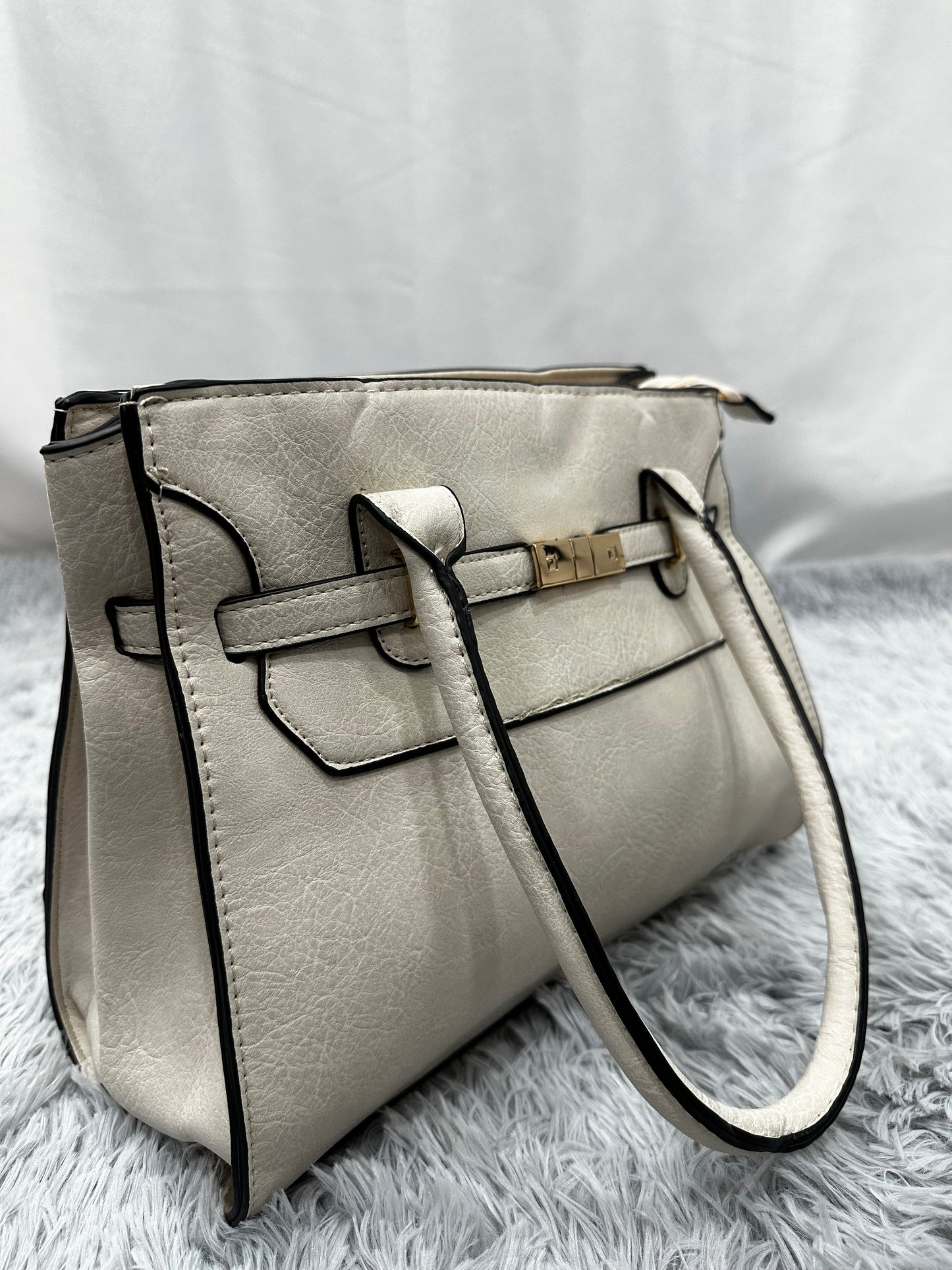 SHOPPER BAG in PELLE - BIANCO PANNA CON BORDI NERI