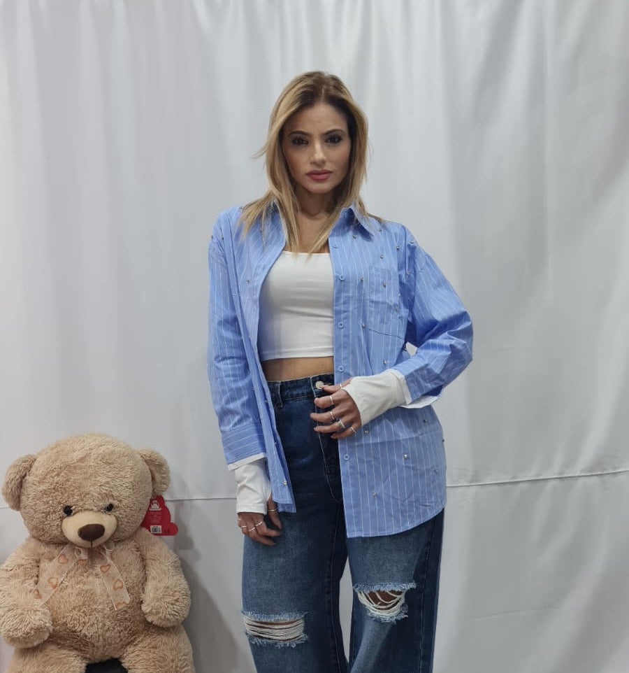 CAMICIA SWAROVSKI GESSATA in COTONE - AZZURRO POLVERE