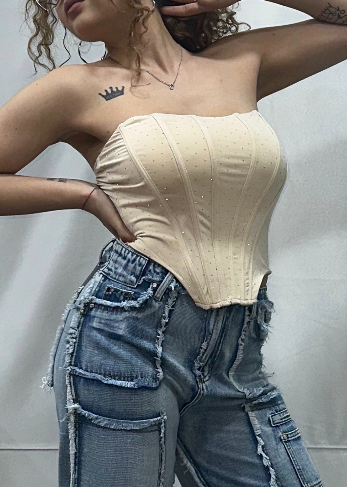 TOP CORSETTO con SCOLLO A CUORE e BRILLANTINI - CHAMPAGNE
