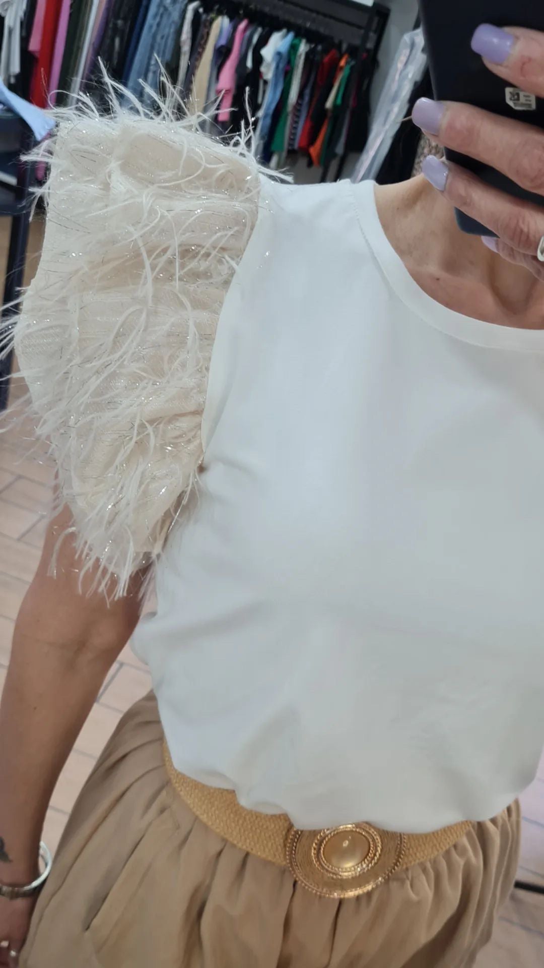MAGLIA - COTONE - MANICA A FARFALLA CON PIUME - BIANCA