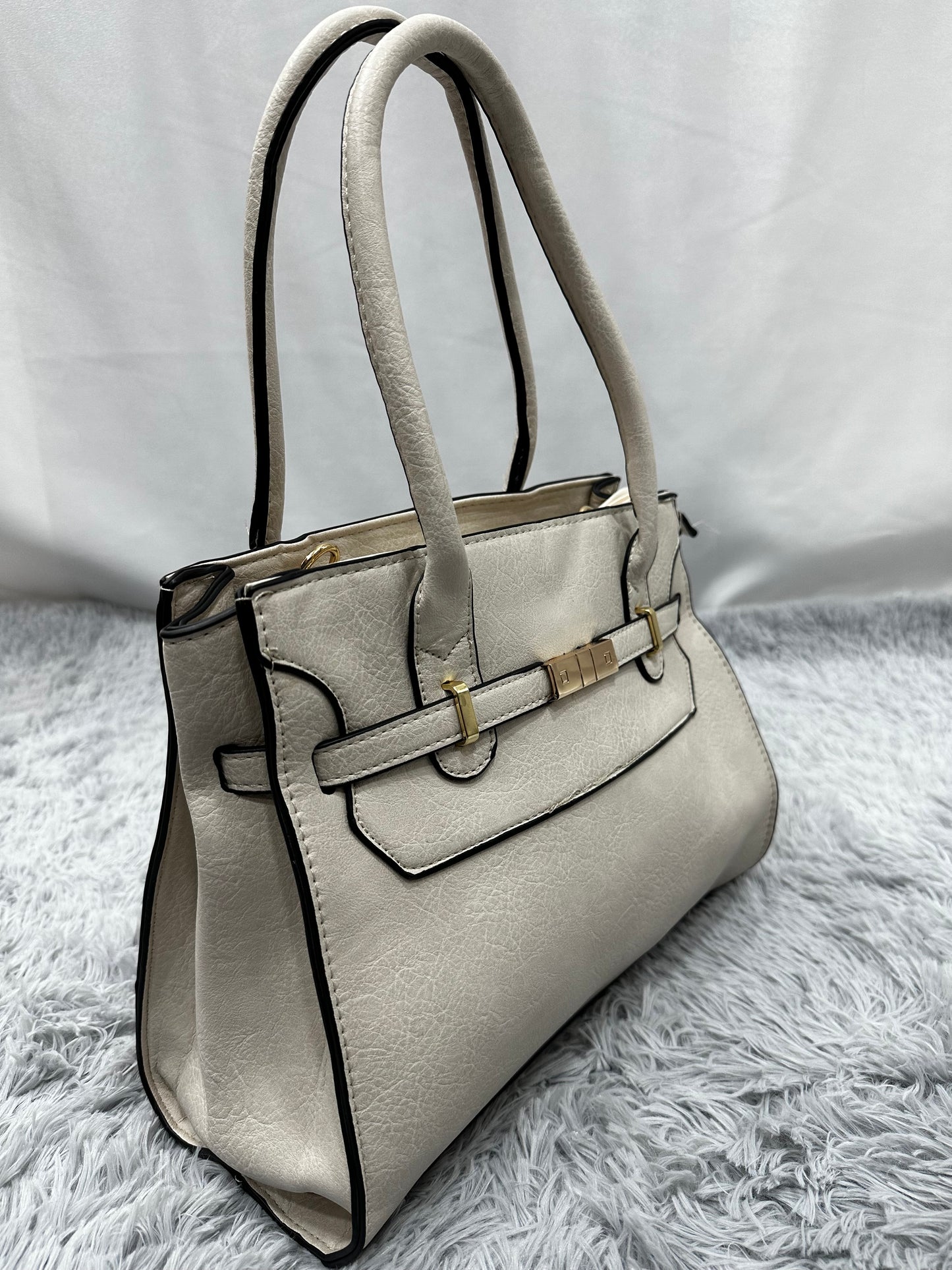 SHOPPER BAG in PELLE - BIANCO PANNA CON BORDI NERI