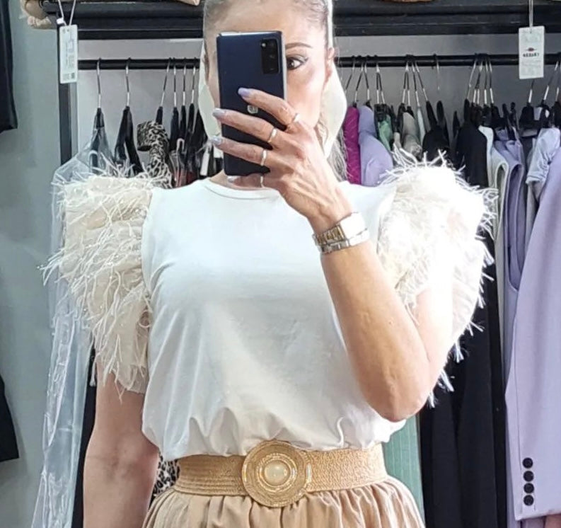 MAGLIA - COTONE - MANICA A FARFALLA CON PIUME - BIANCA