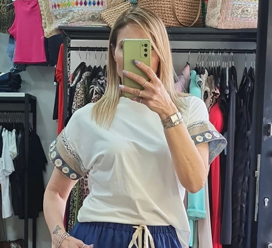 SHIRT - COTONE - BIANCA - MANICA DECORATA
