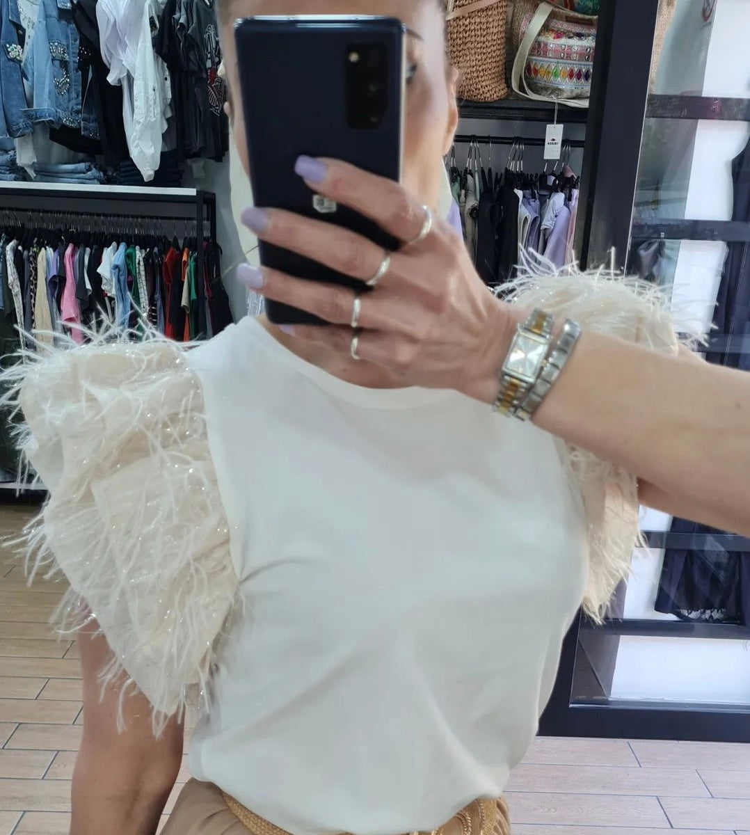 MAGLIA - COTONE - MANICA A FARFALLA CON PIUME - BIANCA