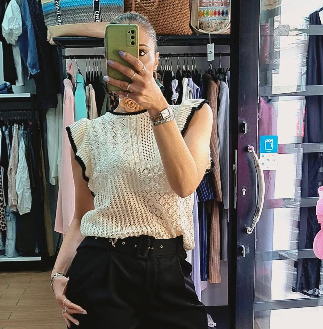 SHIRT IN FILO - CON RICAMI- BIANCA BORDI NERI