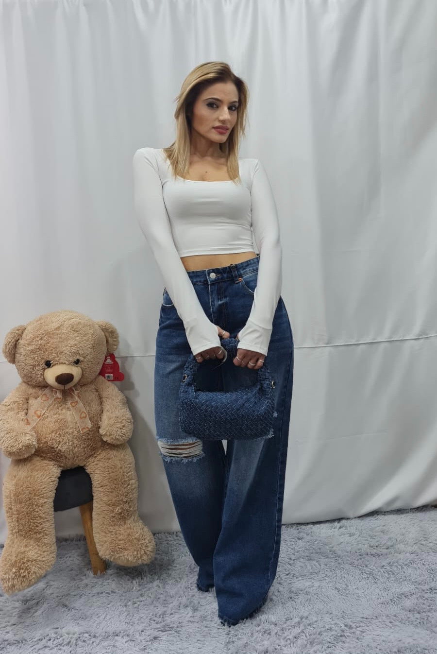 JEANS BAGGY in DENIM SCURO con STRAPPI