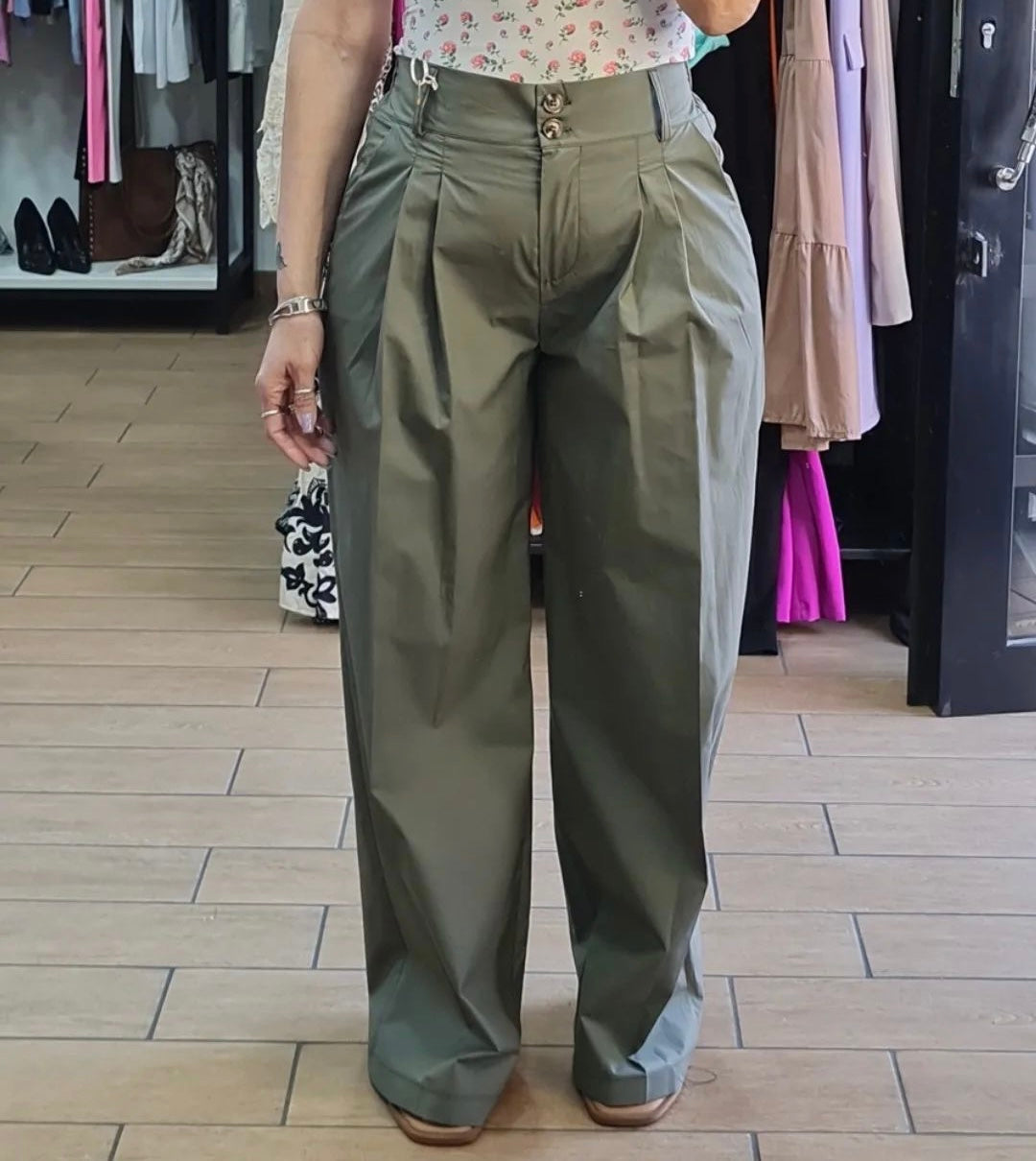 PANTALONE IN COTONE CON PENCE - VERDE MILITARE