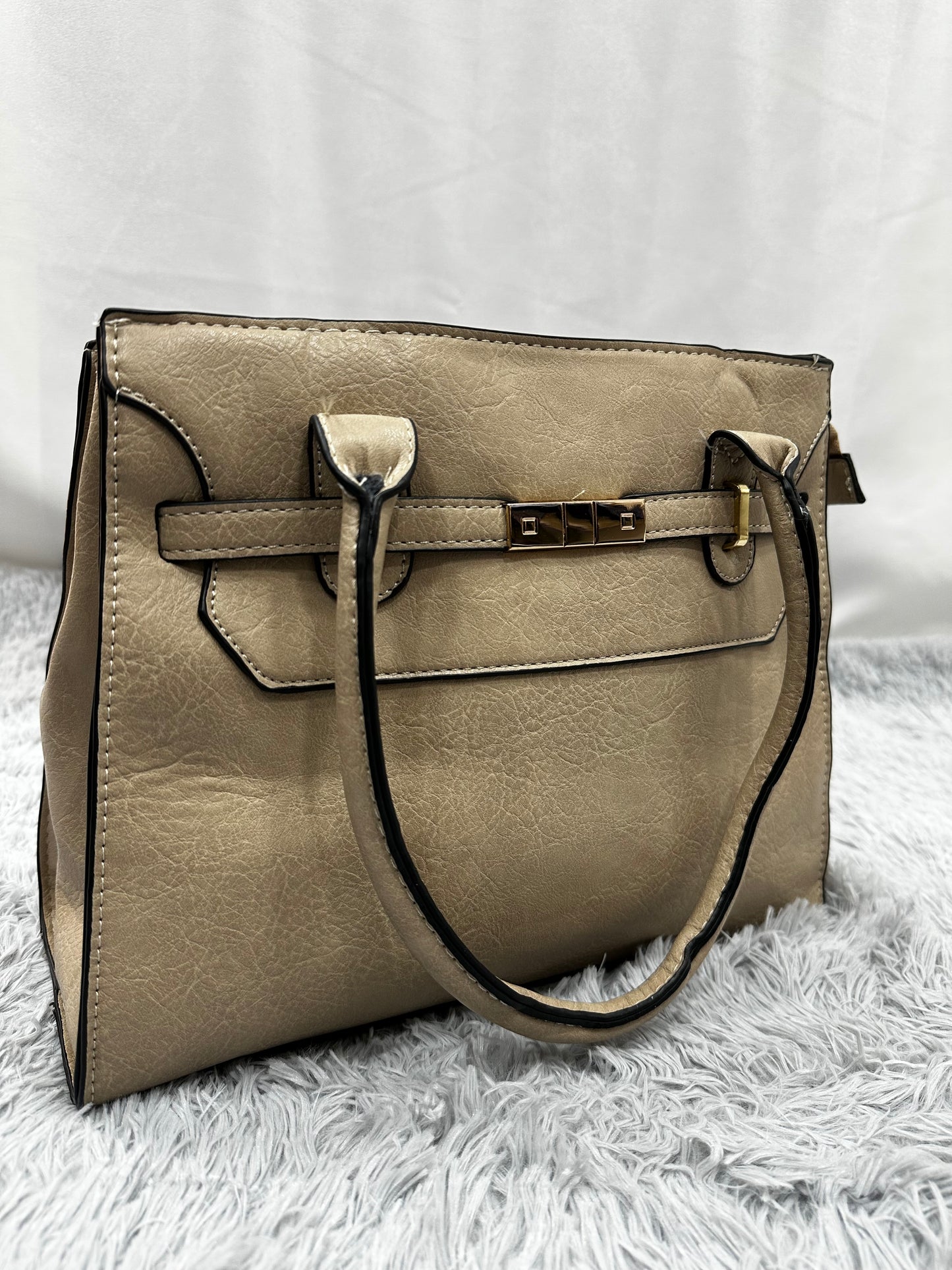 SHOPPER BAG in PELLE - BEIGE CON BORDI NERI