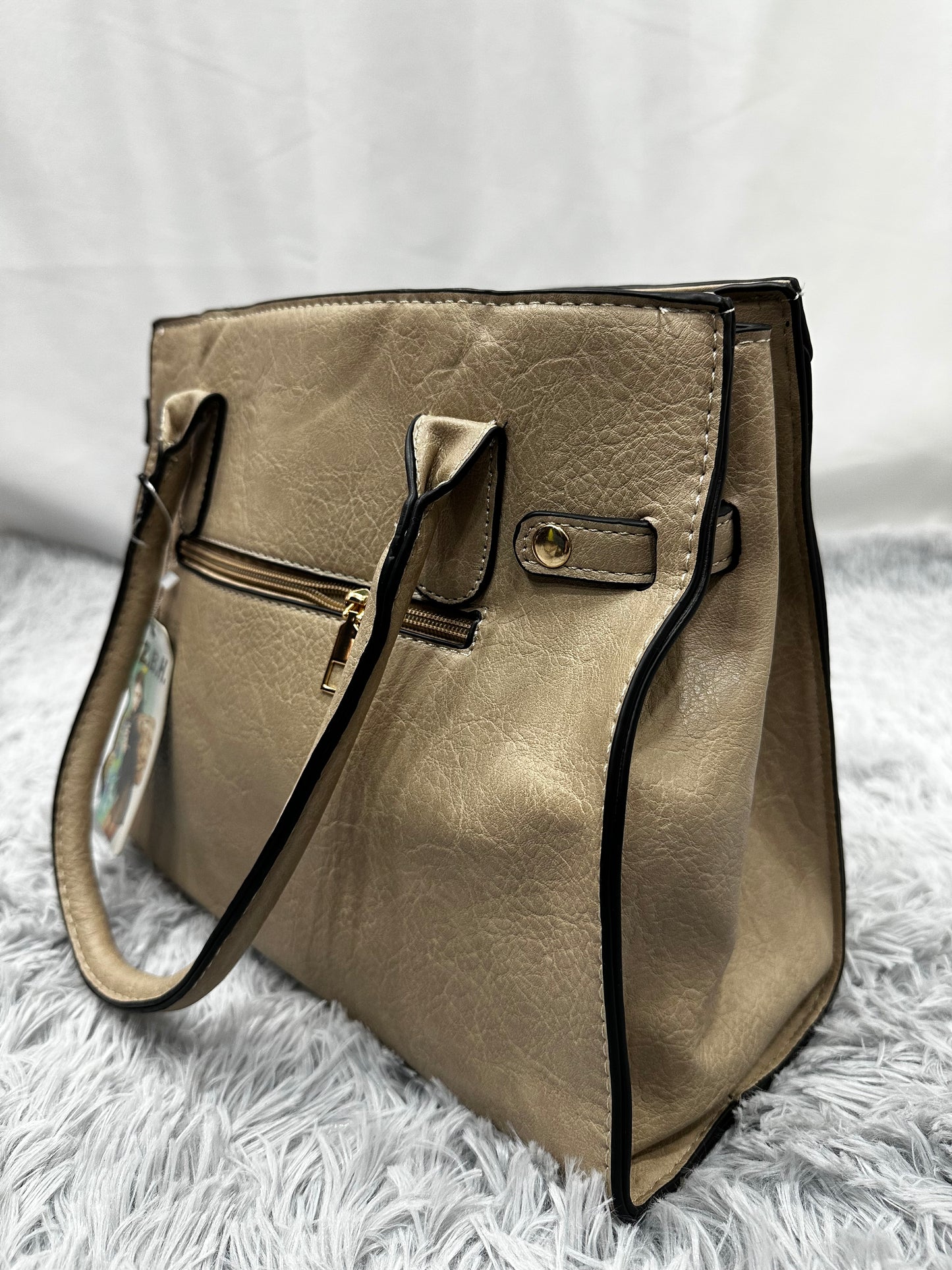 SHOPPER BAG in PELLE - BEIGE CON BORDI NERI