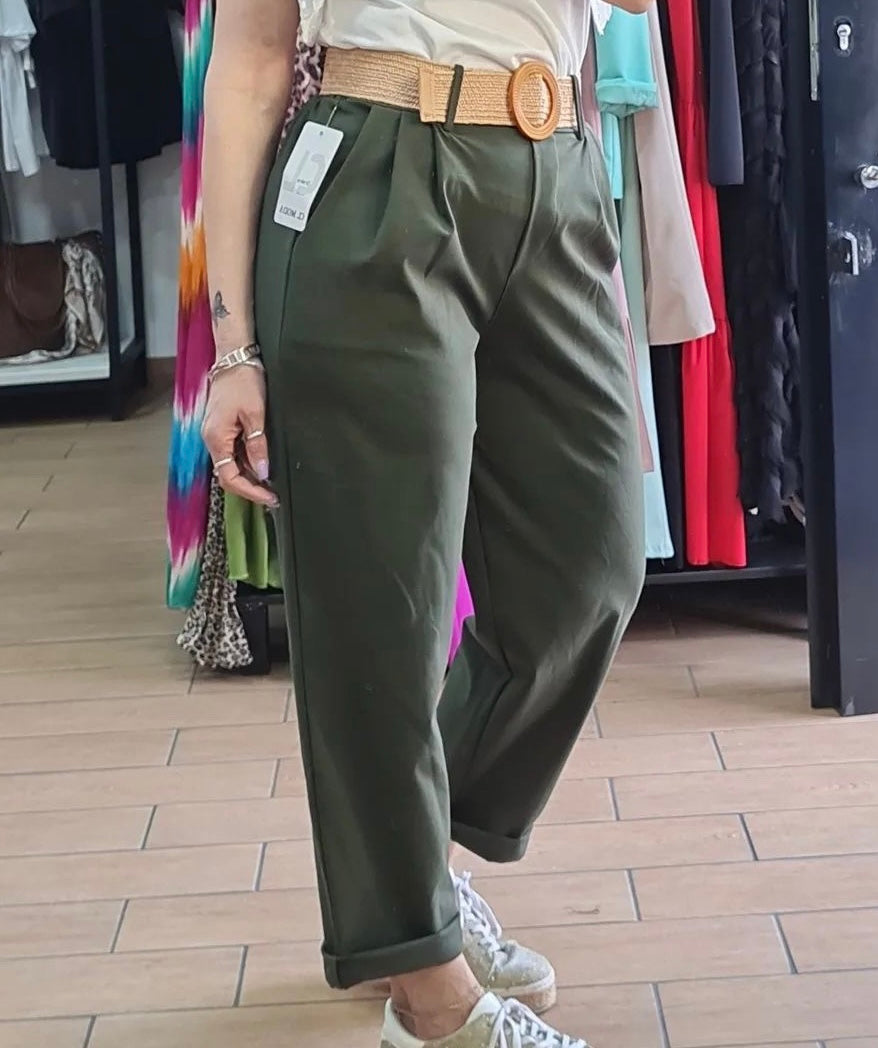 PANTALONE - COTONE - CINTURA IN PAGLIA - VERDE