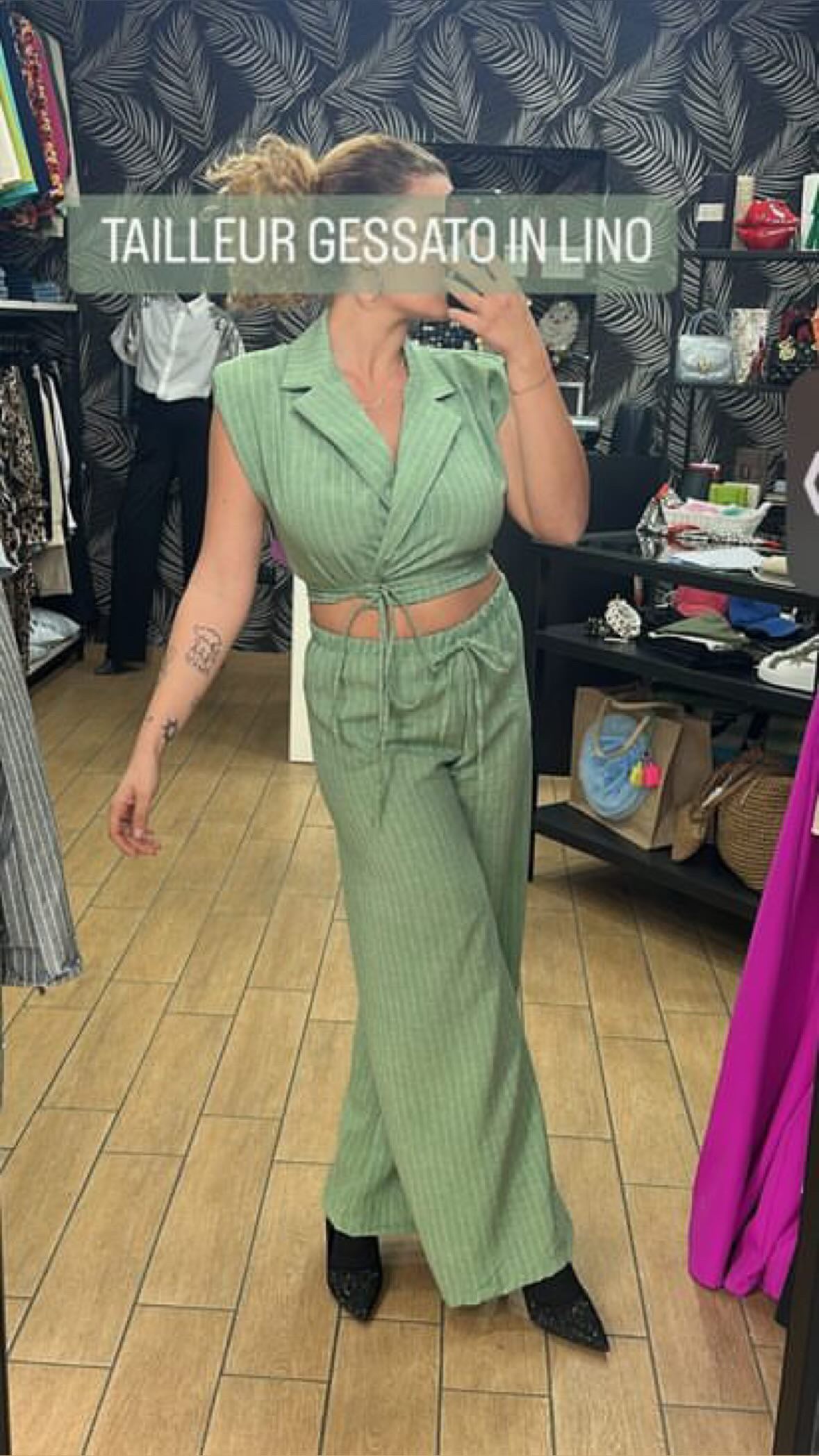 TAILLEUR CROP - GESSATO - MIX LINO - VERDE MENTA