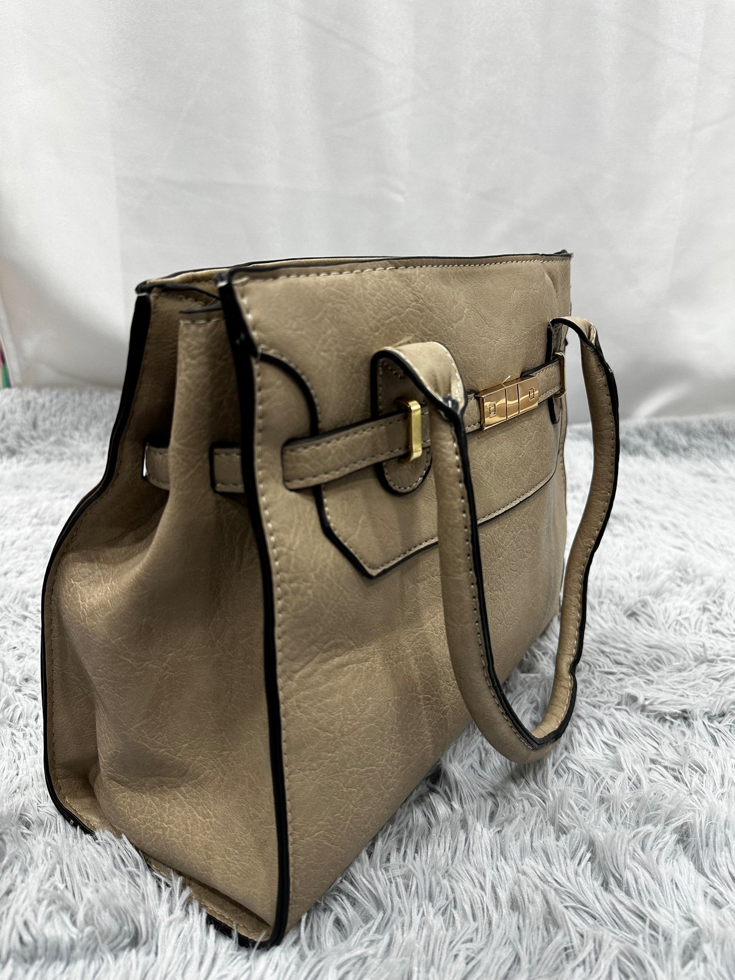 SHOPPER BAG in PELLE - BEIGE CON BORDI NERI