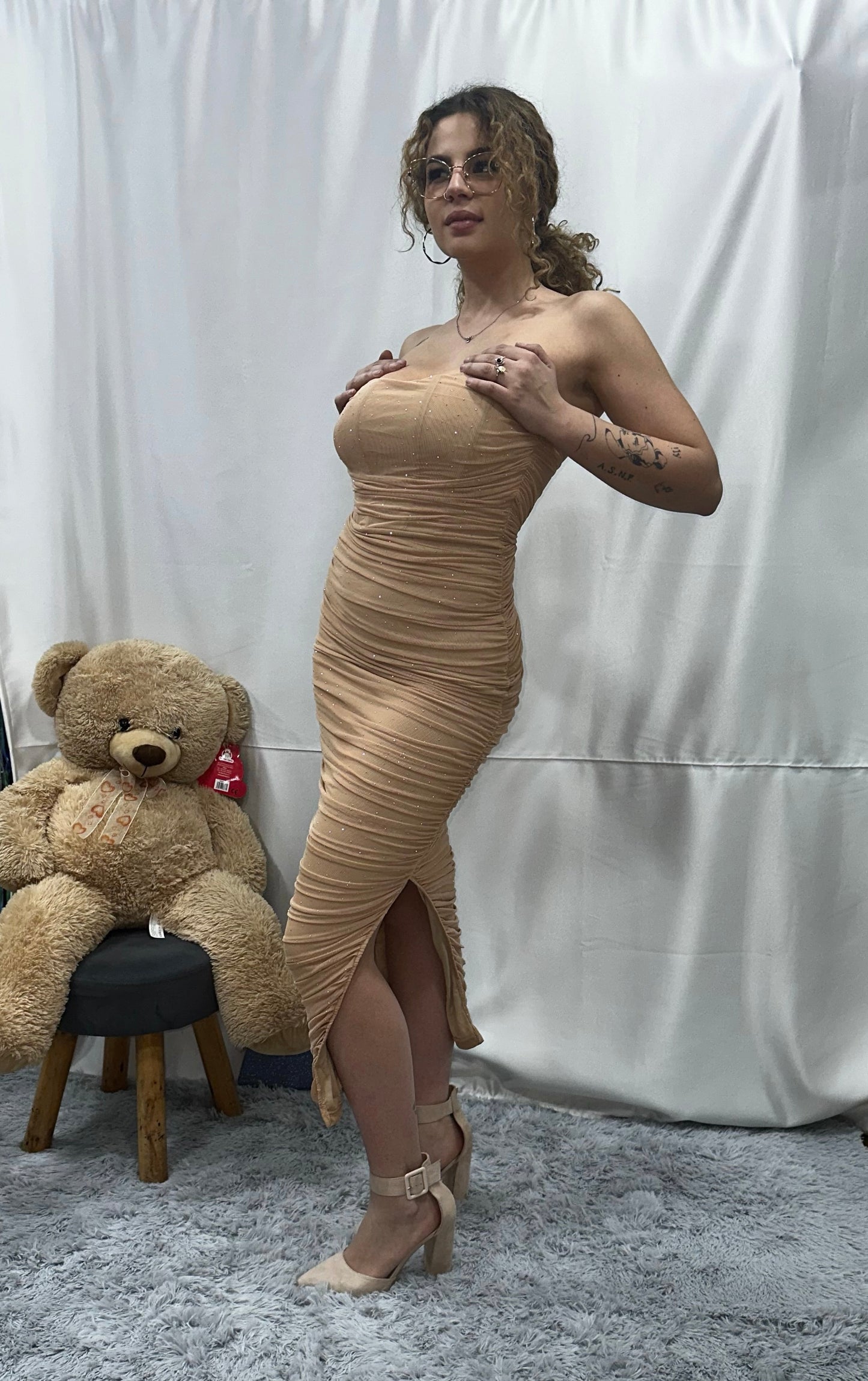 ABITO in CHIFFON DRAPPEGGIATO con SWAROVSKI- ROSA CIPRIA