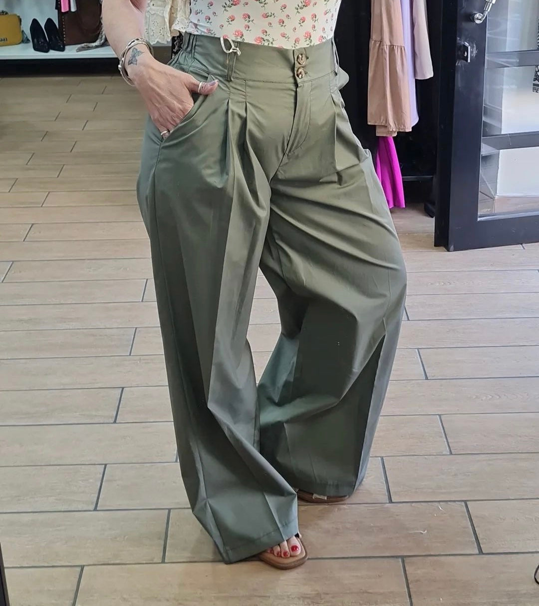 PANTALONE IN COTONE CON PENCE - VERDE MILITARE