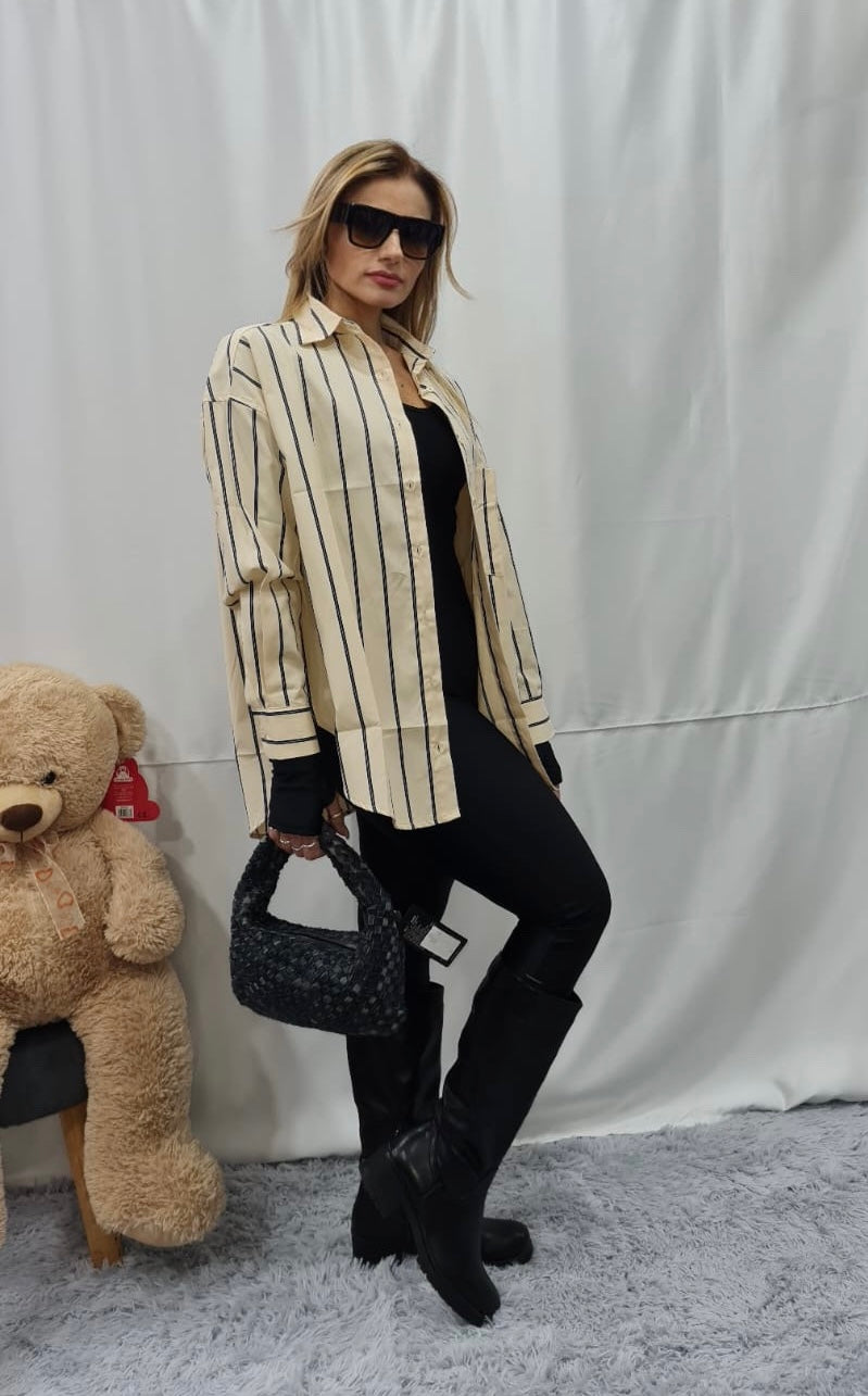 CAMICIONE A RIGHE in COTONE - BEIGE