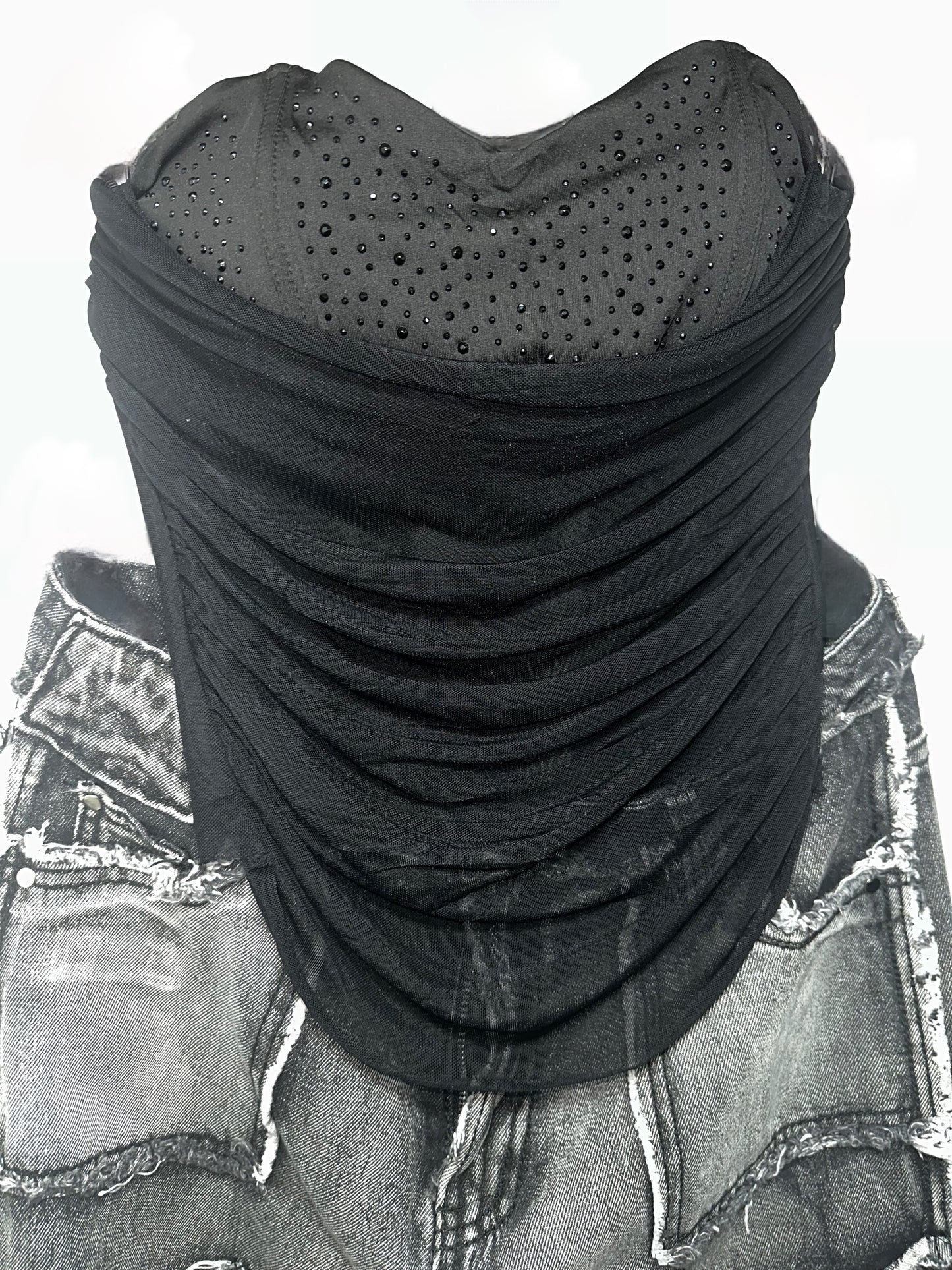 TOP CORSETTO con SCOLLO A CUORE e BRILLANTINI - NERO