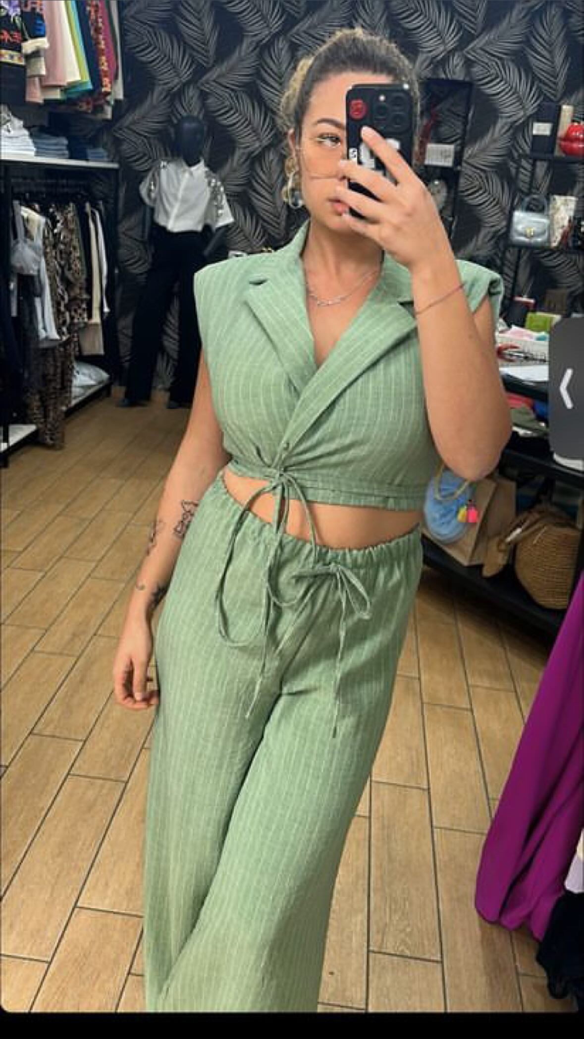 TAILLEUR CROP - GESSATO - MIX LINO - VERDE MENTA