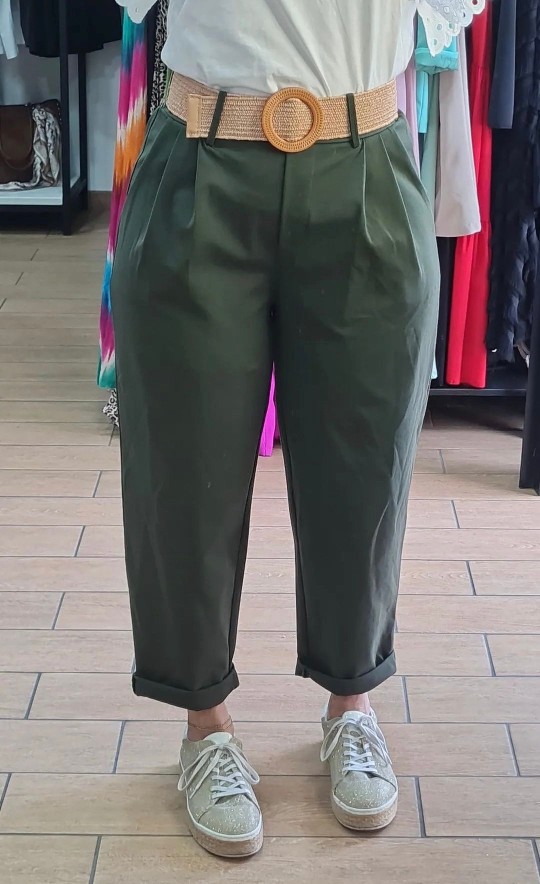 PANTALONE - COTONE - CINTURA IN PAGLIA - VERDE