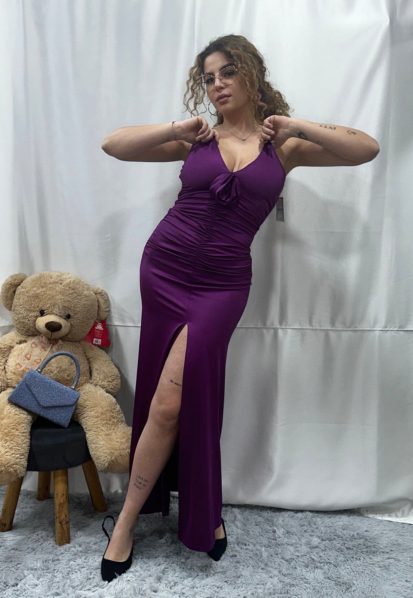 ABITO “ RUSELLA”in LYCRA con ROSA e DRAPPEGGI - VIOLA