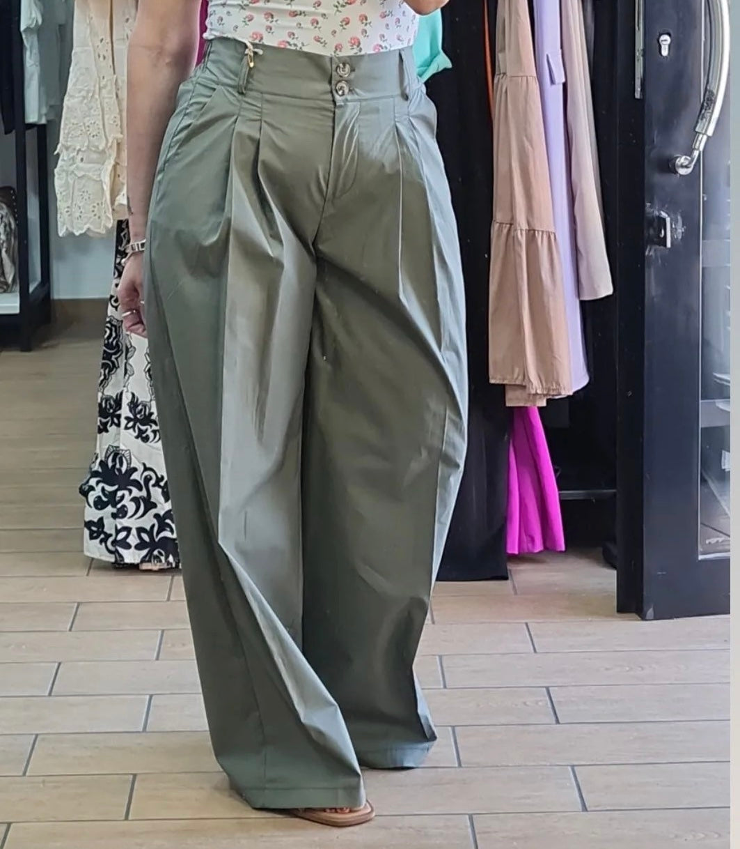 PANTALONE IN COTONE CON PENCE - VERDE MILITARE