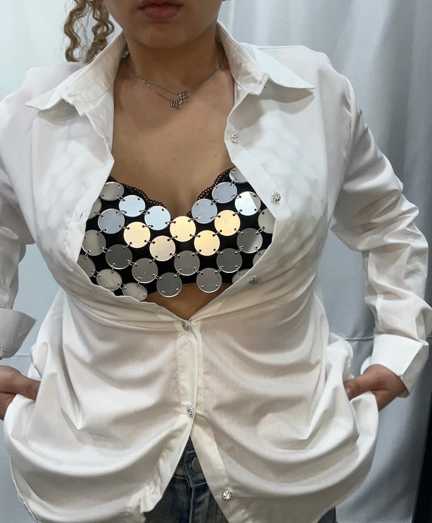 C A M I C I A “DISCOGIRL” con TRIANGOLO in PAILLETTES - BIANCO