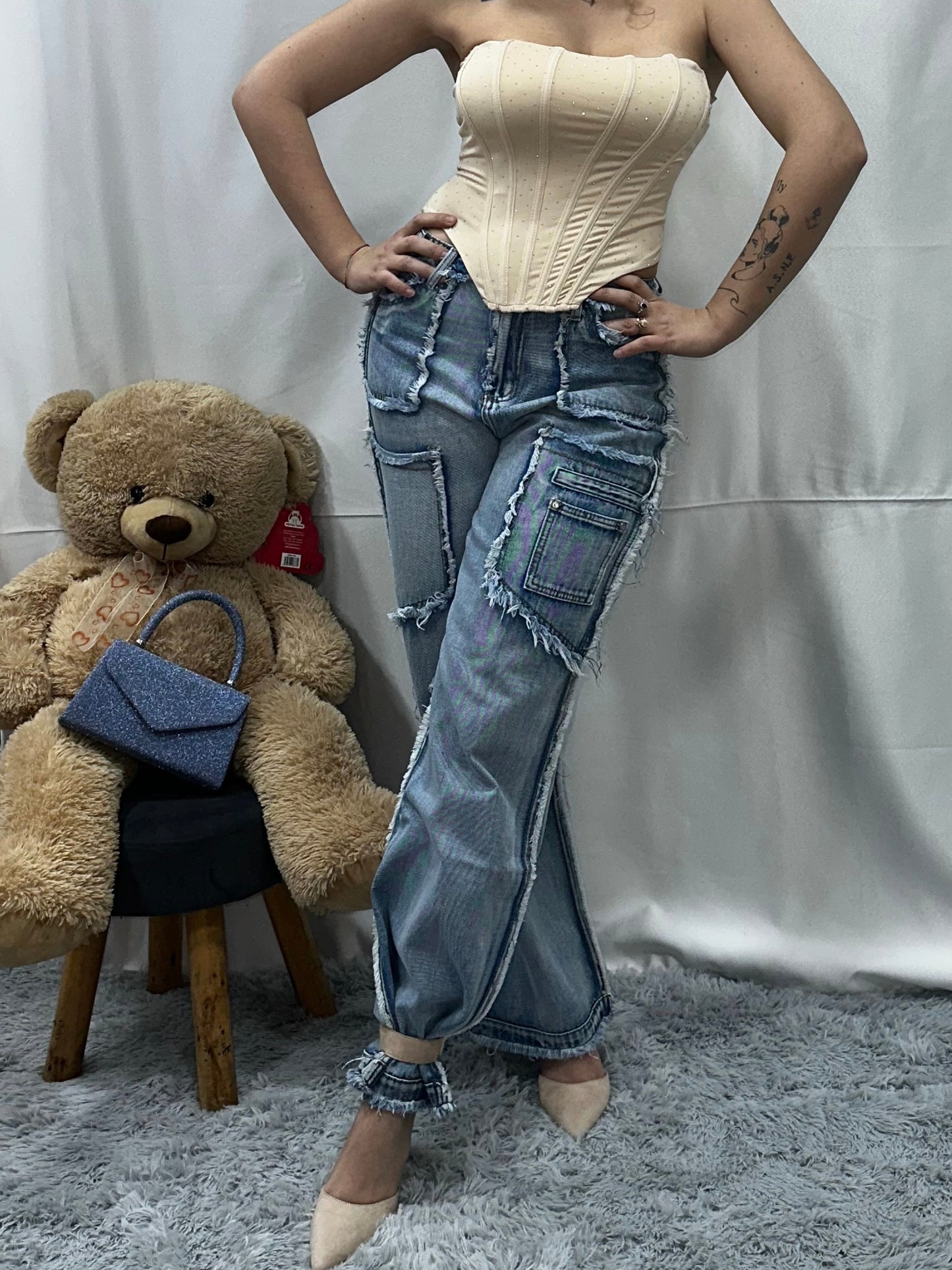 CARGO “PARTICOLARE” in DENIM CHIARO SFRANGIATO