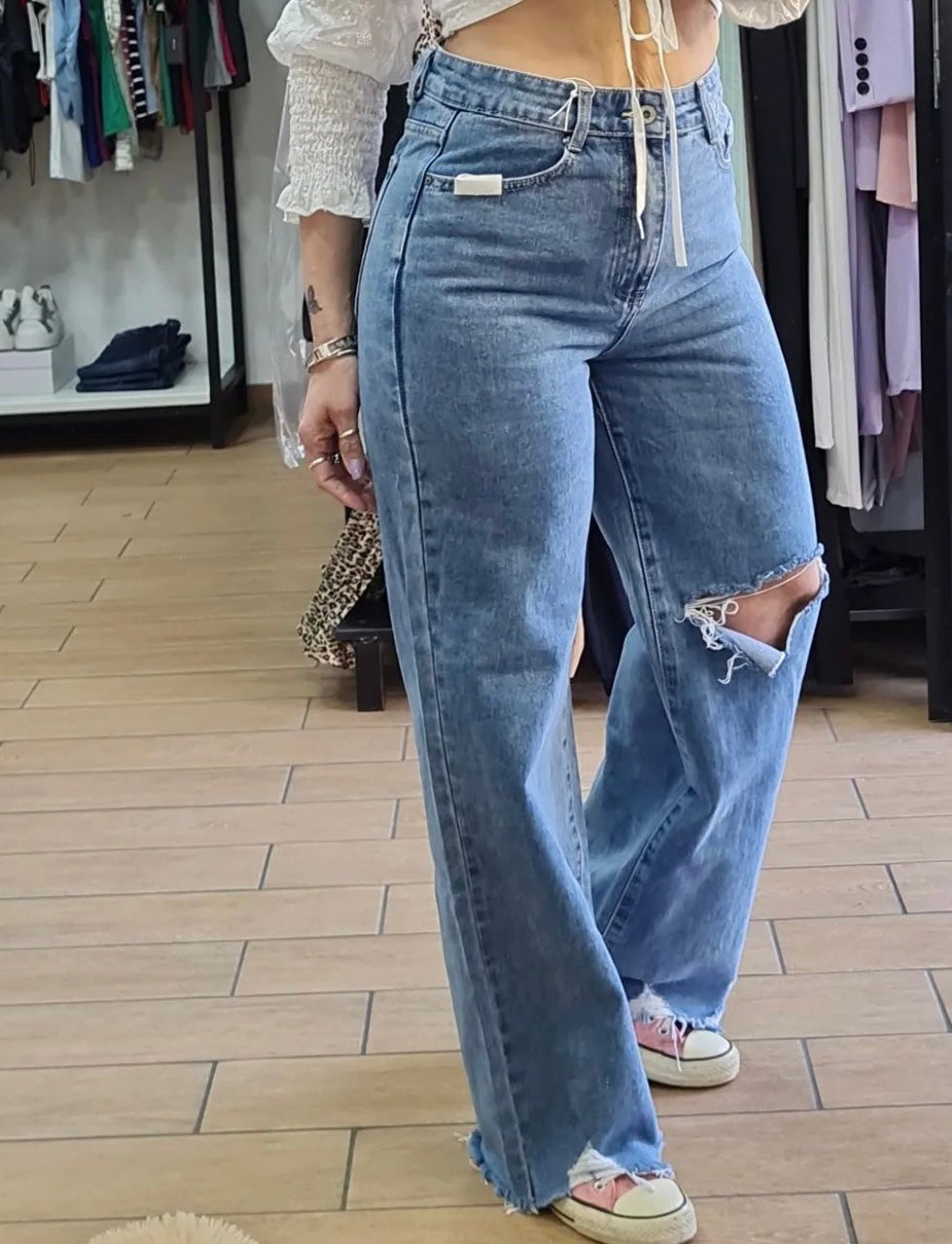 JEANS - GAMBA LARGA - DENIM CHIARO - CON STRAPPO