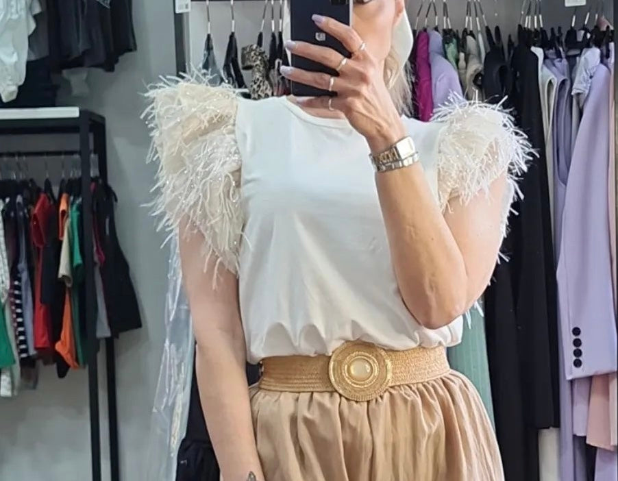 MAGLIA - COTONE - MANICA A FARFALLA CON PIUME - BIANCA