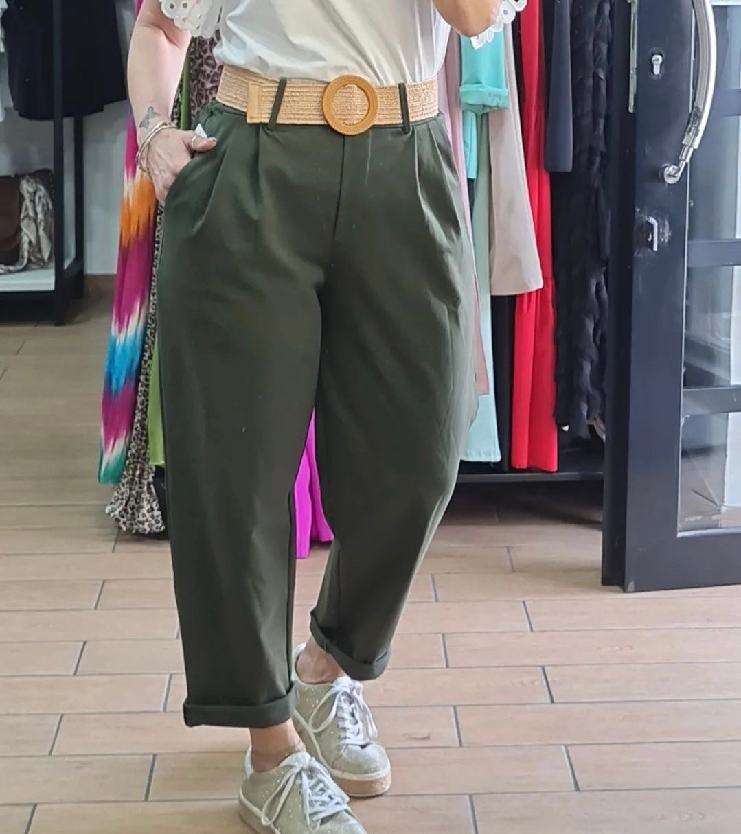 PANTALONE - COTONE - CINTURA IN PAGLIA - VERDE