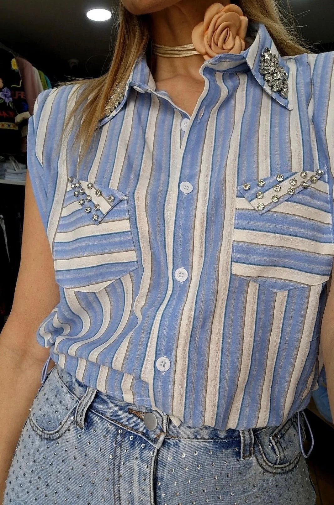 CAMICETTA CROP - MIX LINO - SWAROVSKI - RIGHE BIANCHE E AZZURRE