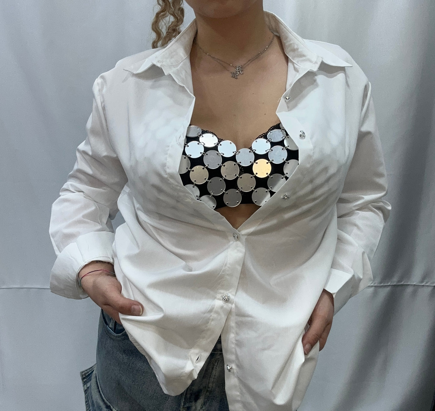 C A M I C I A “DISCOGIRL” con TRIANGOLO in PAILLETTES - BIANCO