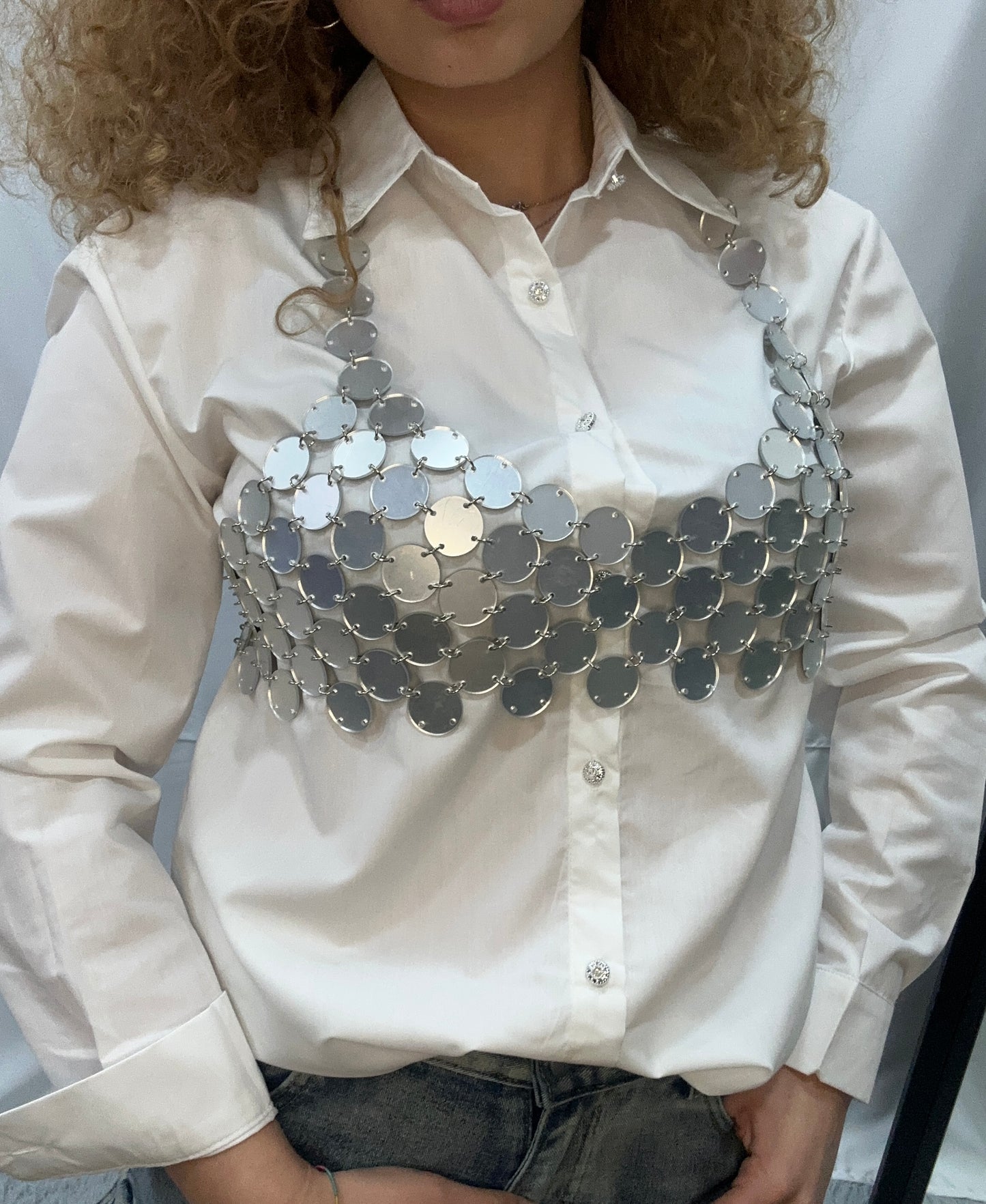 C A M I C I A “DISCOGIRL” con TRIANGOLO in PAILLETTES - BIANCO